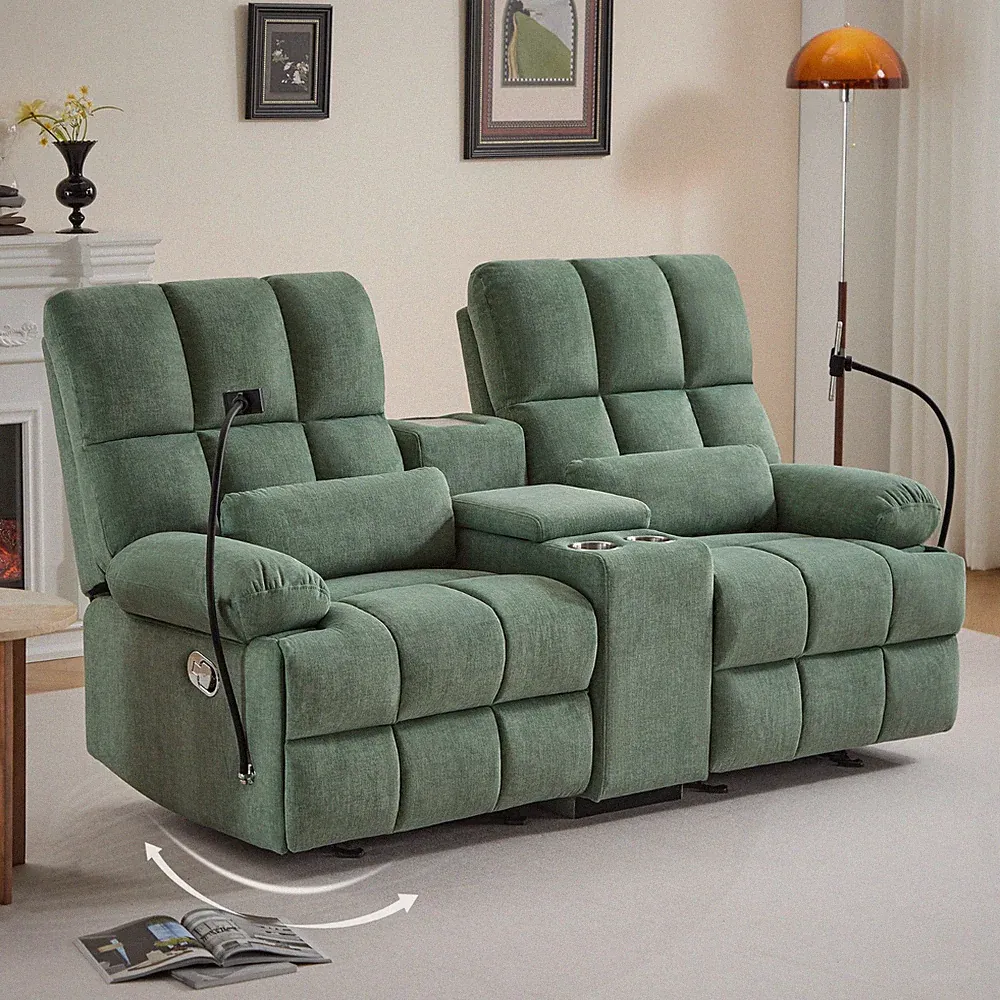 Loveseat Rocker Recliner Sofa with Phone Holder, Cat Proof Fleece Reclining
