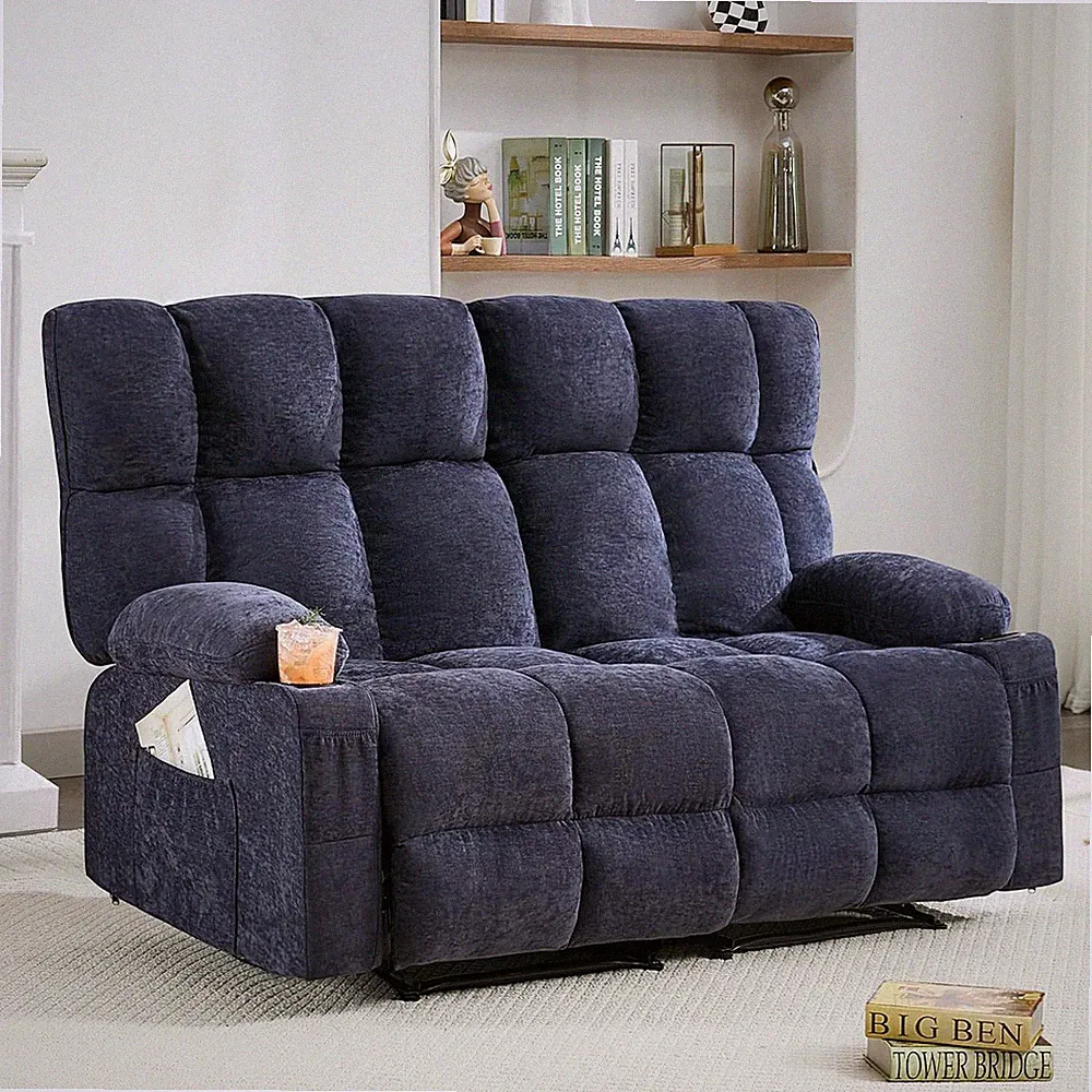 Luxurious Oversized Blue Recliner Loveseat with Cup Holders & Pockets