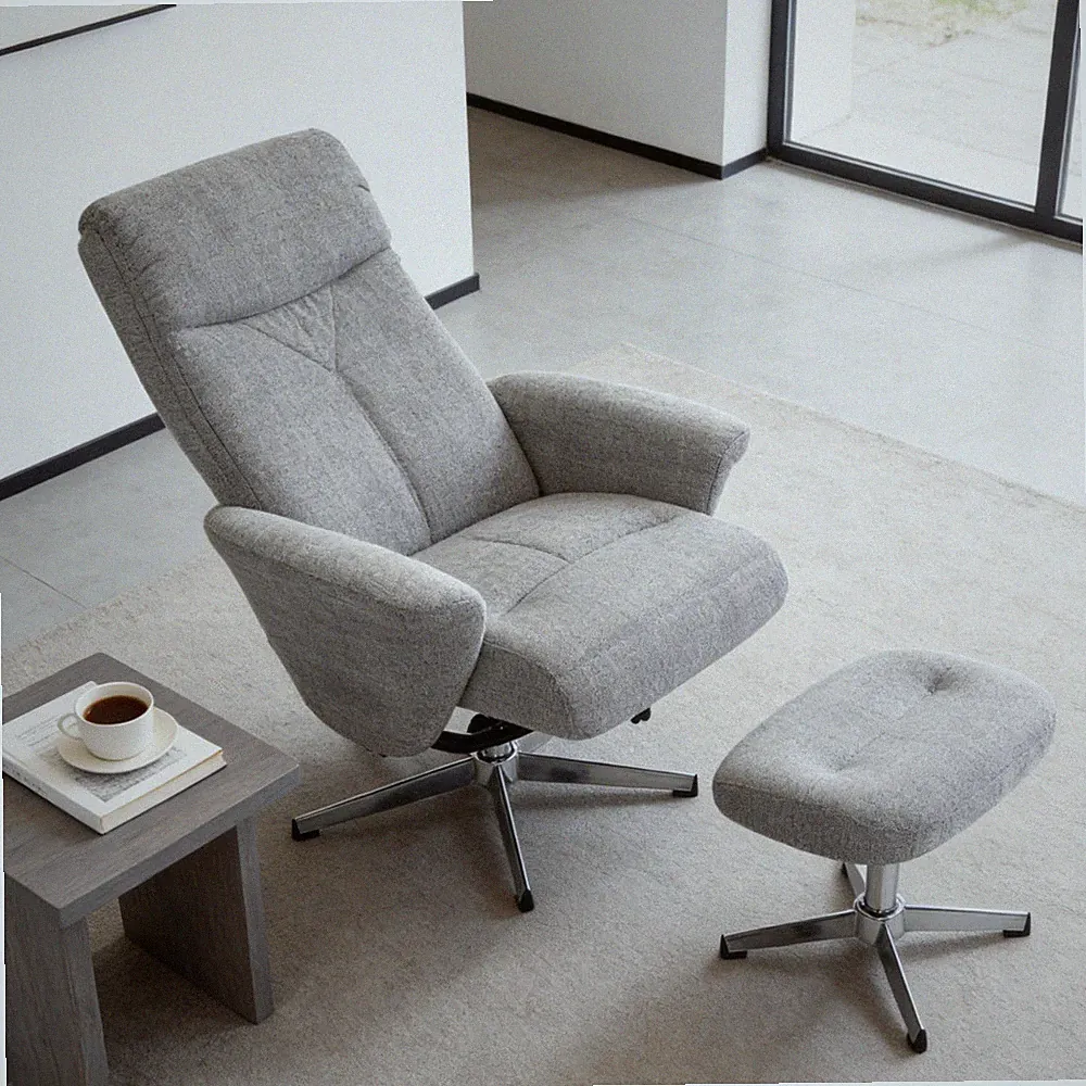 Modern Chenille Swivel Recliner with Ottoman Light Grey Ergonomic Manual