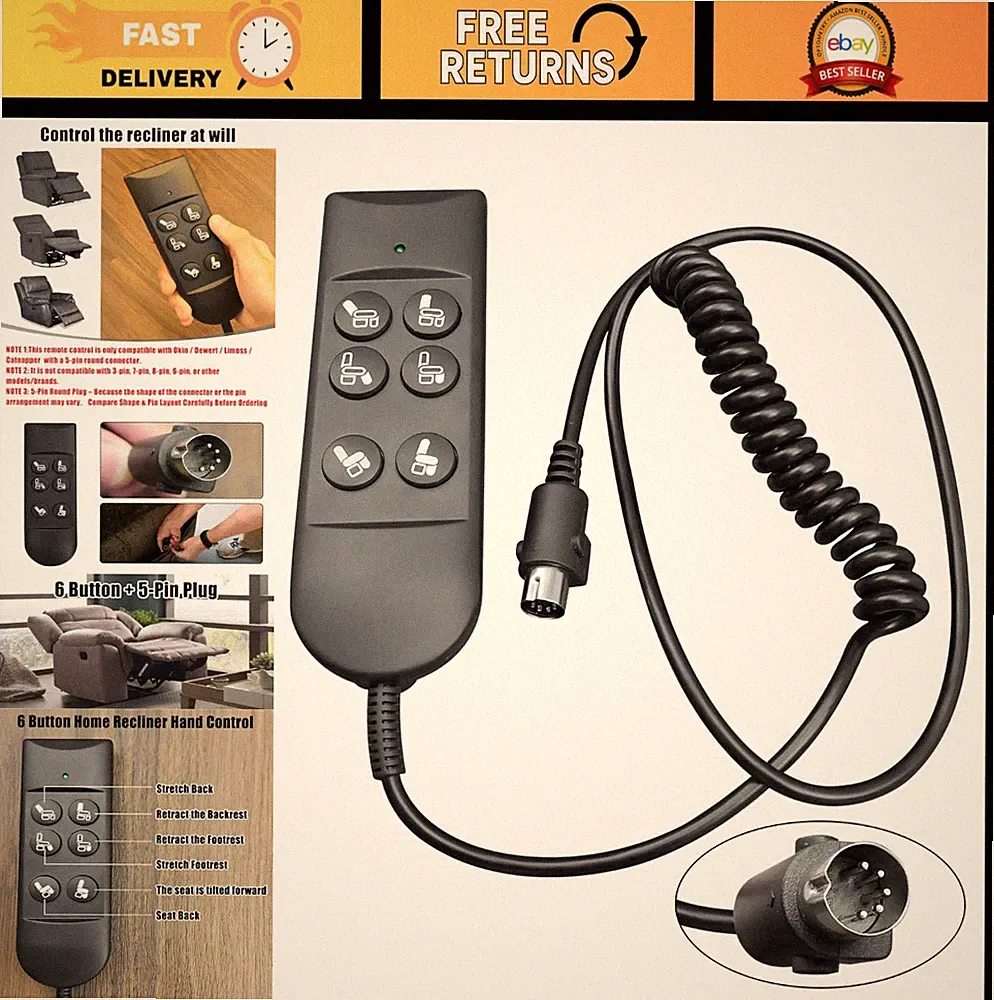 Power Recline Lift Chair Remote Control - 6 Button Hand Control with 5-Pin Plug