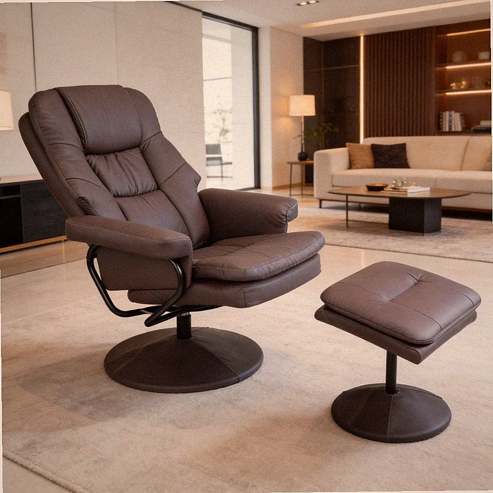 Swivel Cat Scratch Leather Recliner w/ Ottoman, Manual Reclining Footrest, Brown